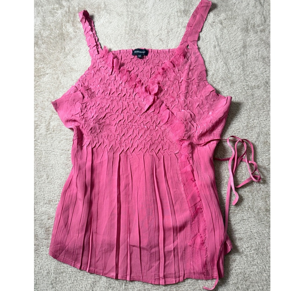 Komarov Pink Crinkle Pleated Ruffle Top M Vintage Fairycore Romantic Soft Girl